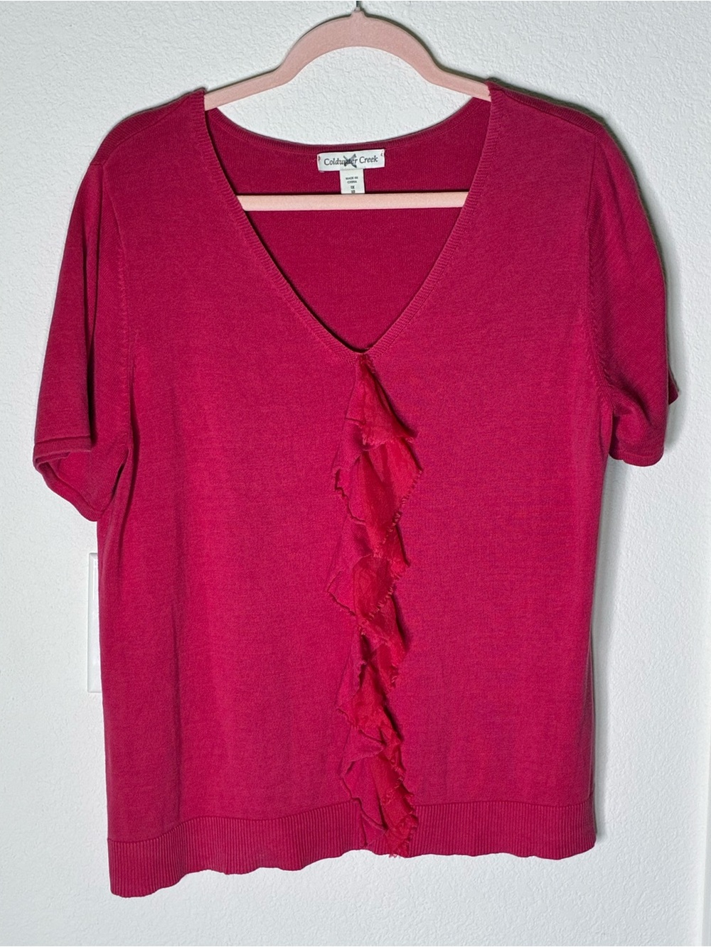Coldwater Creek Silk‑Cotton Coral Pink Ruffle V‑Neck Sweater 1X EUC